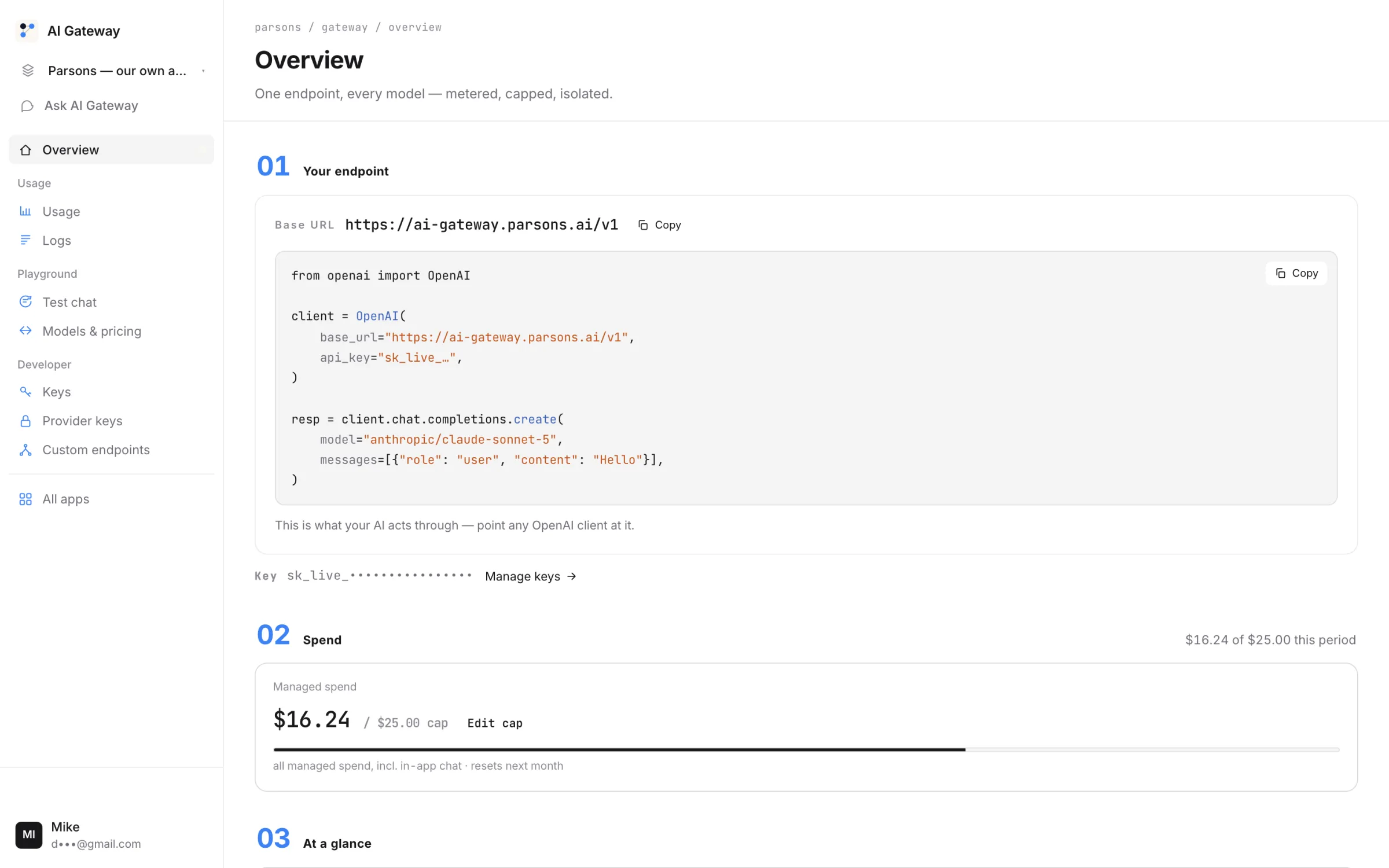 The AI Gateway console: the endpoint and a four-line code sample, managed spend $16.24 of a $25 cap, keys and providers.